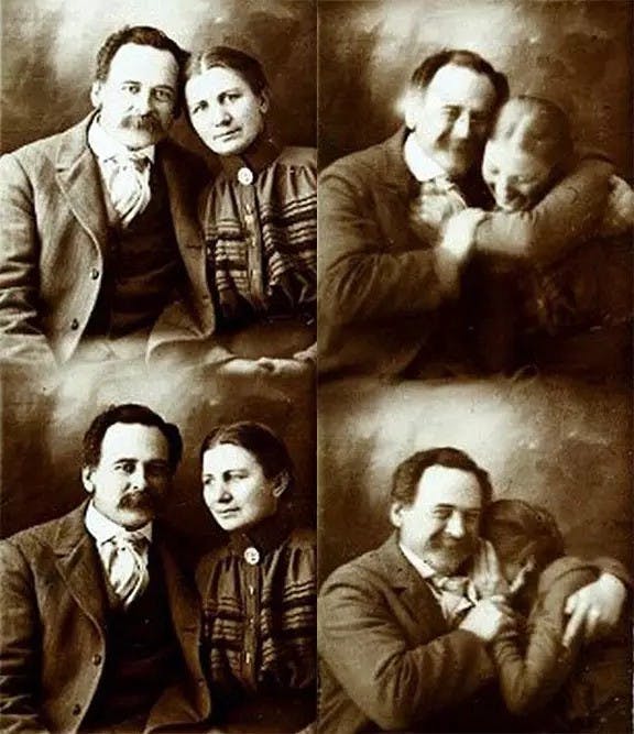 Victorian couple trying not to laugh while getting their portraits done, 1890s